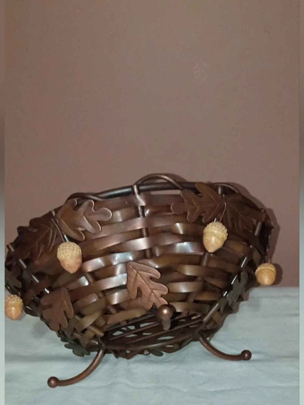 Brown Metal Oak Leaf & Acorn Decorative Bowl